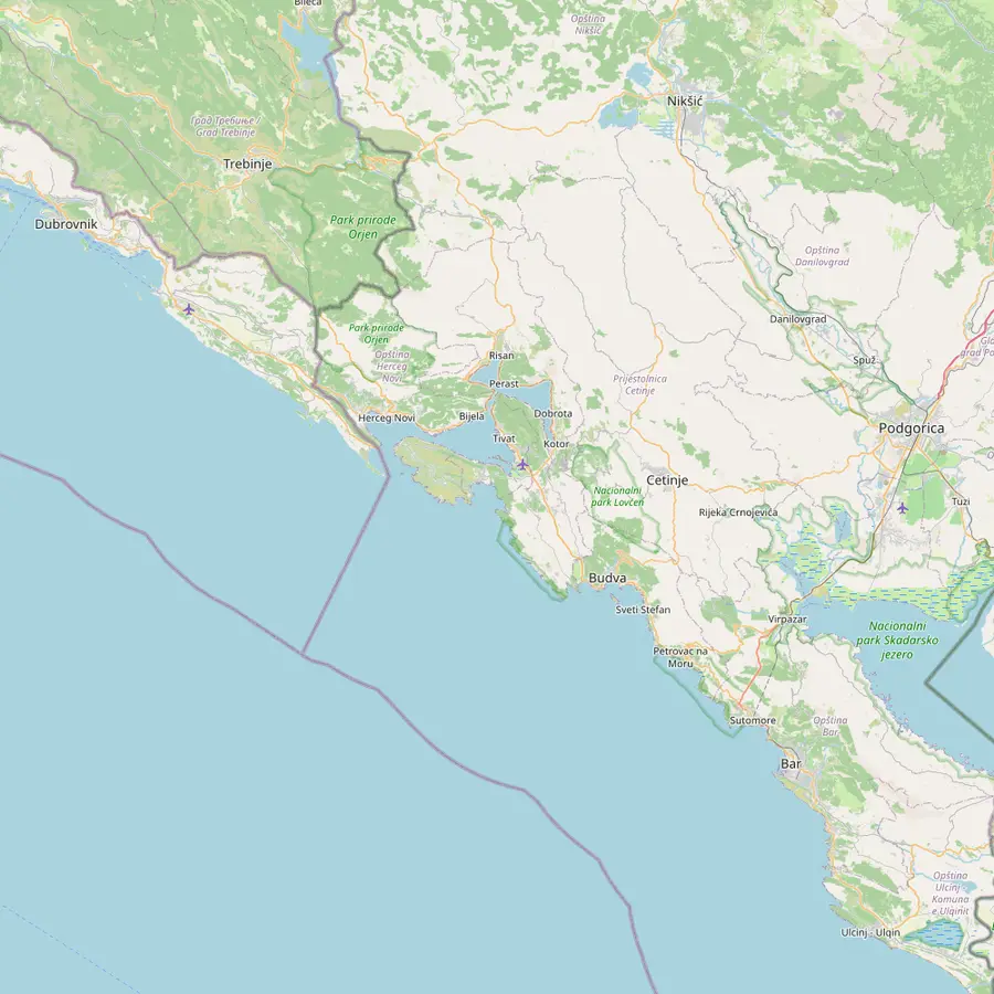 Map of the Montenegrin coast from Herceg Novi past the Blue Cave, Tivat and Kotor to Budva