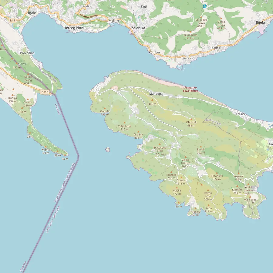 Map of the Luštica peninsula and the entrance to the Bay of Kotor with the Blue Cave on the south coast, Mamula island, Žanjic beach, Cape Arza, a former submarine pen and the village of Rose