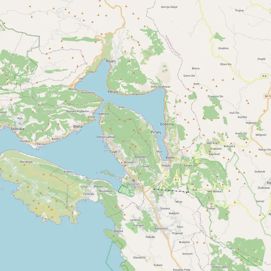 Map of the inner Bay of Kotor with Kotor, Perast and the islet of Our Lady of the Rocks, the ferry landing at Lepetane, Donja Lastva and Tivat Airport